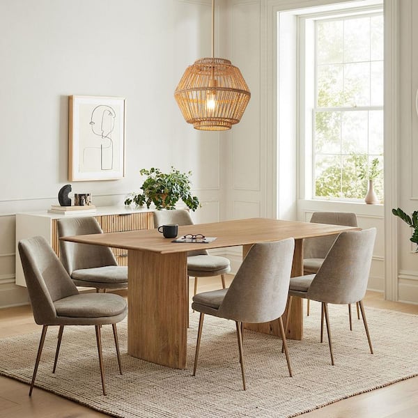 1-Light Gold Drum Hanging Pendant Light with Brown Paper Rattan Shaded for Kitchen Island