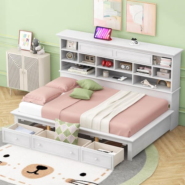 Harper & Bright Designs Multi-Functional White Twin Size Wood Daybed with Storage Shelves, Compartments, 3-Drawers, USB/Wireless Charging