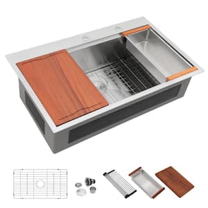 30in. x 22 in. Workstation Round Corner Drop-In Kitchen Sink, 16-Gauge Stainless Steel, Single Bowl Topmount Basin Set