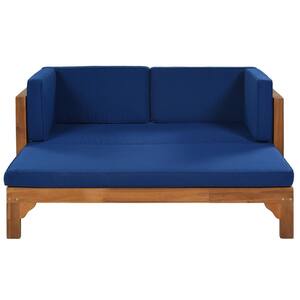 1-Piece Wood Outdoor Extendable Loveseat Sofa Set with Blue Cushions