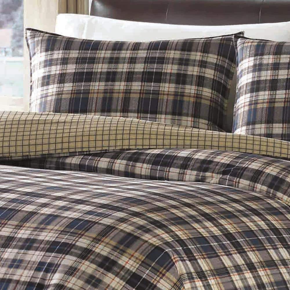 Twin Navy Plaid Cotton Flannel Duvet Cover Set