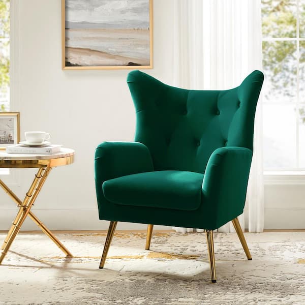 JAYDEN CREATION Jacob Green Tufted Accent Wingback Chair with Golden Base