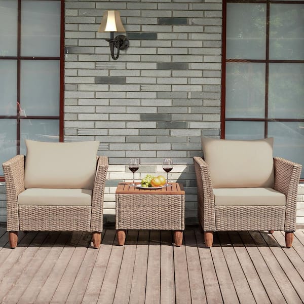 Liviza 3 Pieces Wicker Patio Rattan Conversation Set with Beige Cushions