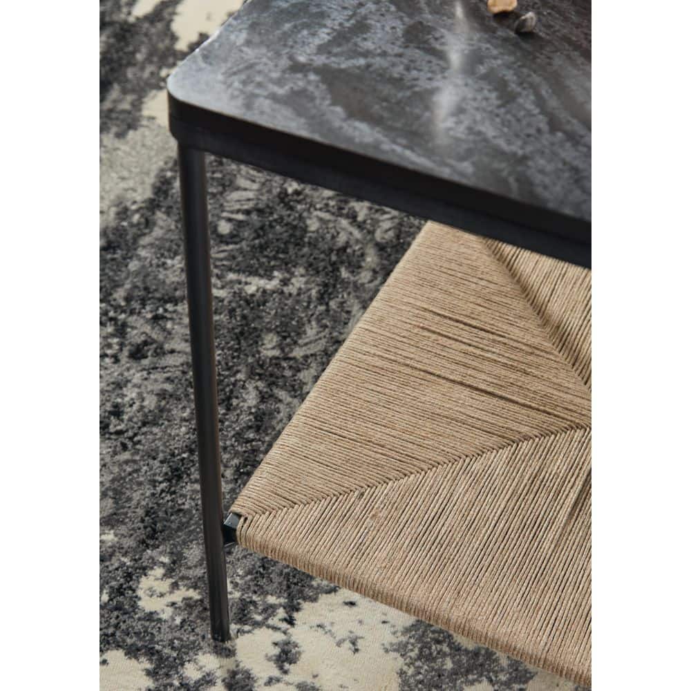 Square Black Marble and Beige Jute Accent Table