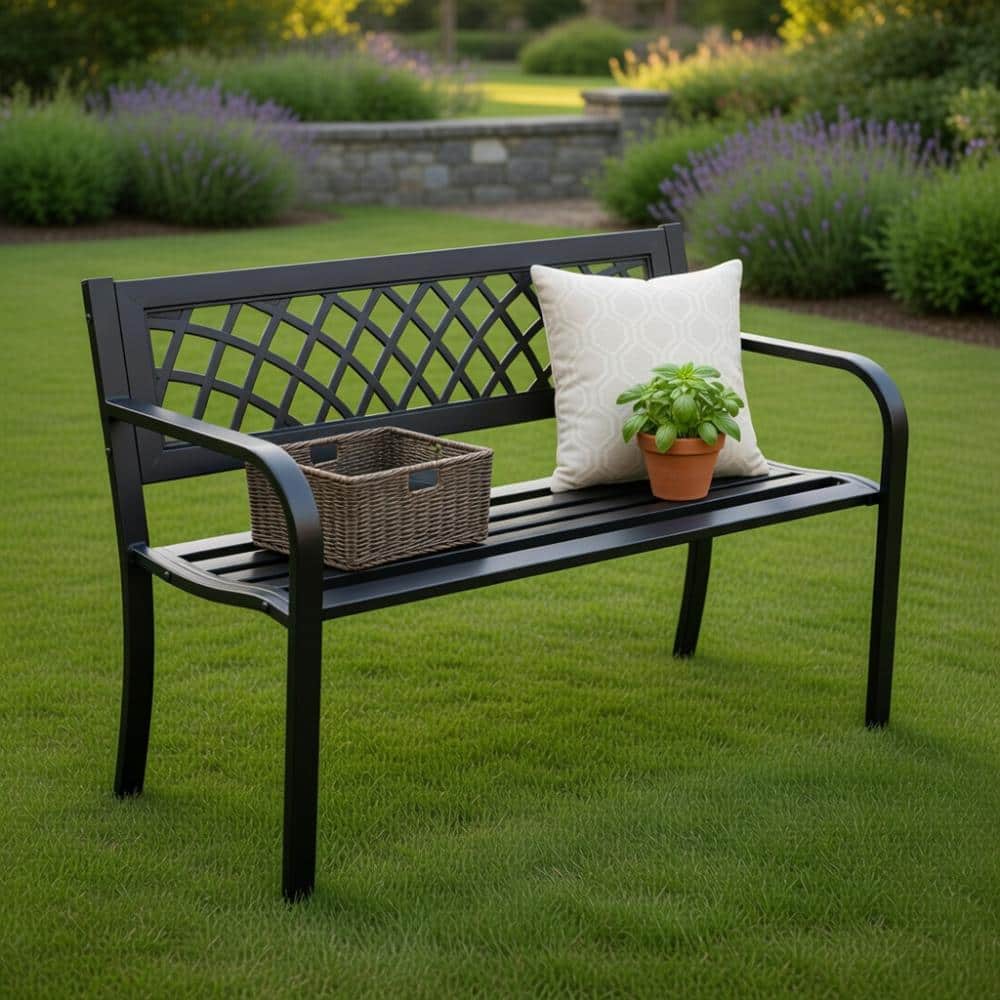steel frame outdoor bench with weather resistant pvc mesh backrest durable black outdoor seating price history on PriceWatchPro