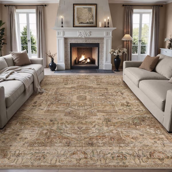 Datura Gold Brown 8 ft. x 10 ft. Oriental Vintage Medallion Area Rug