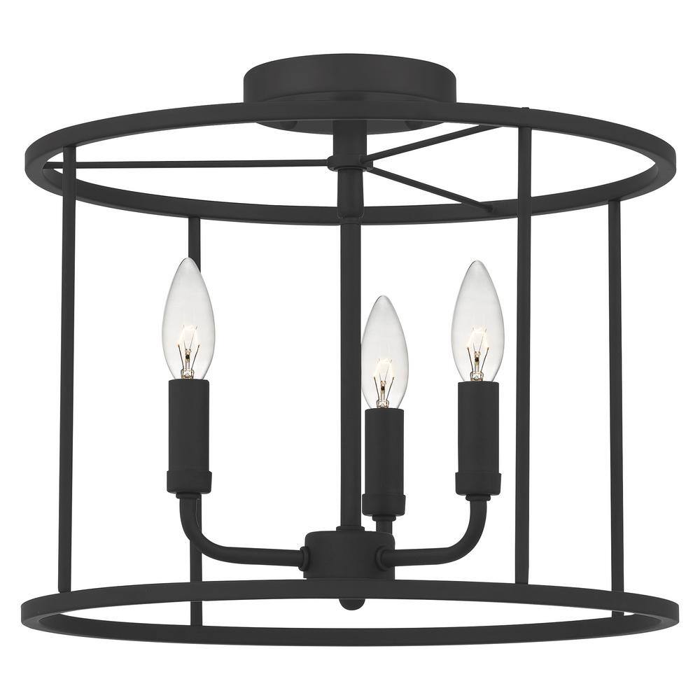 Abner Matte Black 14" Transitional Semi-Flush Mount with Hammered Glass