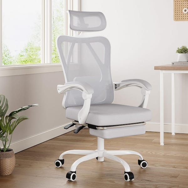 Mesh Adjustable Height Ergonomic Task Chair in Light Gray with Retractable Footrest and Adjustable Lumbar Support