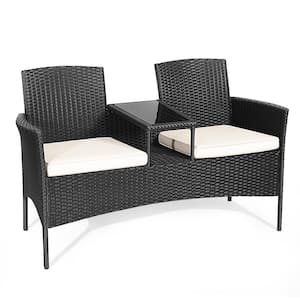 1-Piece Wicker Outdoor Sectional Set Rattan Furniture Patio Conversation Chair with White Cushions