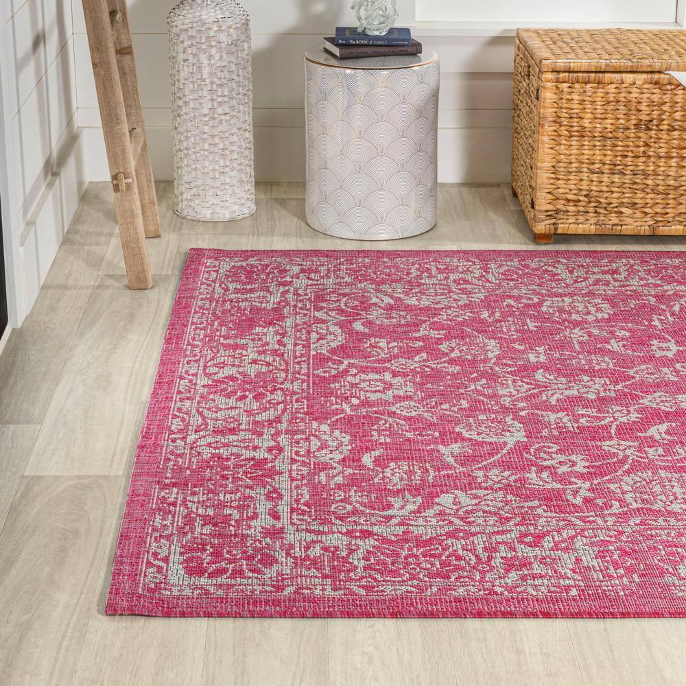 9' x 12' Fuchsia and Light Gray Floral Synthetic Area Rug
