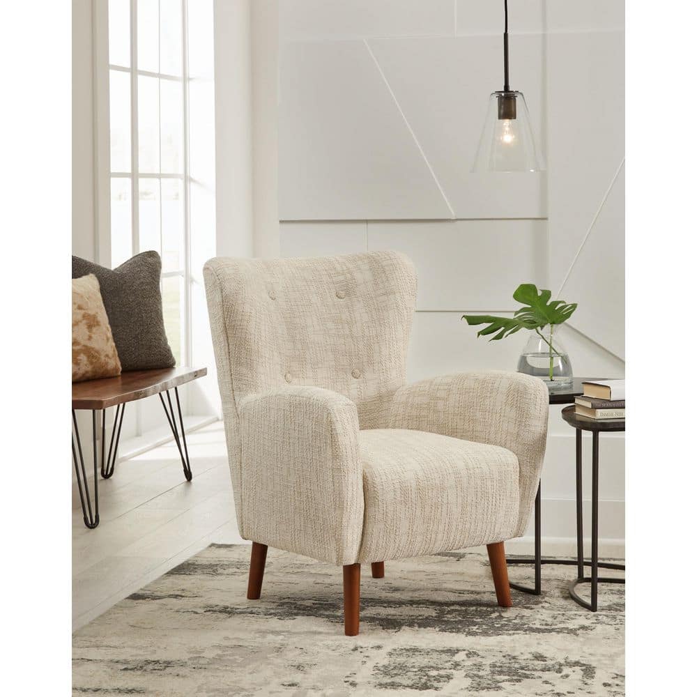 Beige Tufted Wingback Accent Chair with Brown Legs