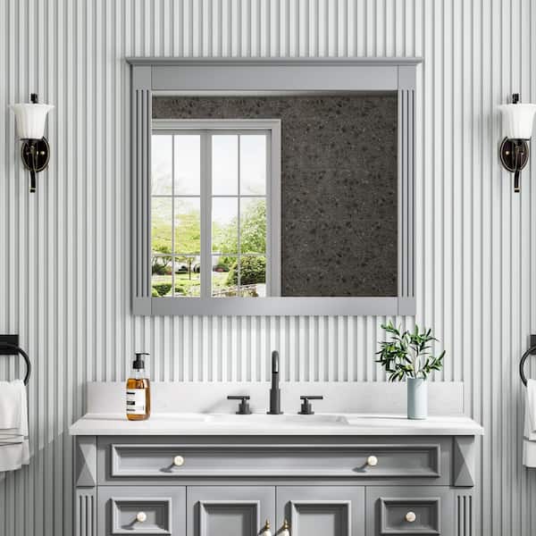 ANGELES HOME 38 in. W x 33 in. H Rectangular Framed Wall Mounted Moisture-proof Solid Wood Bathroom Vanity Mirror in Grey,Easy Hang