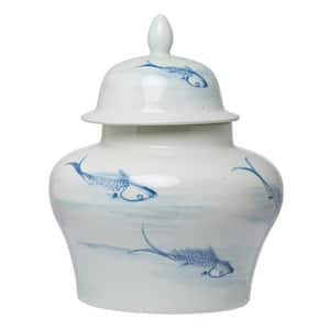 Koi Gloss Blue, White Large Ginger Jar