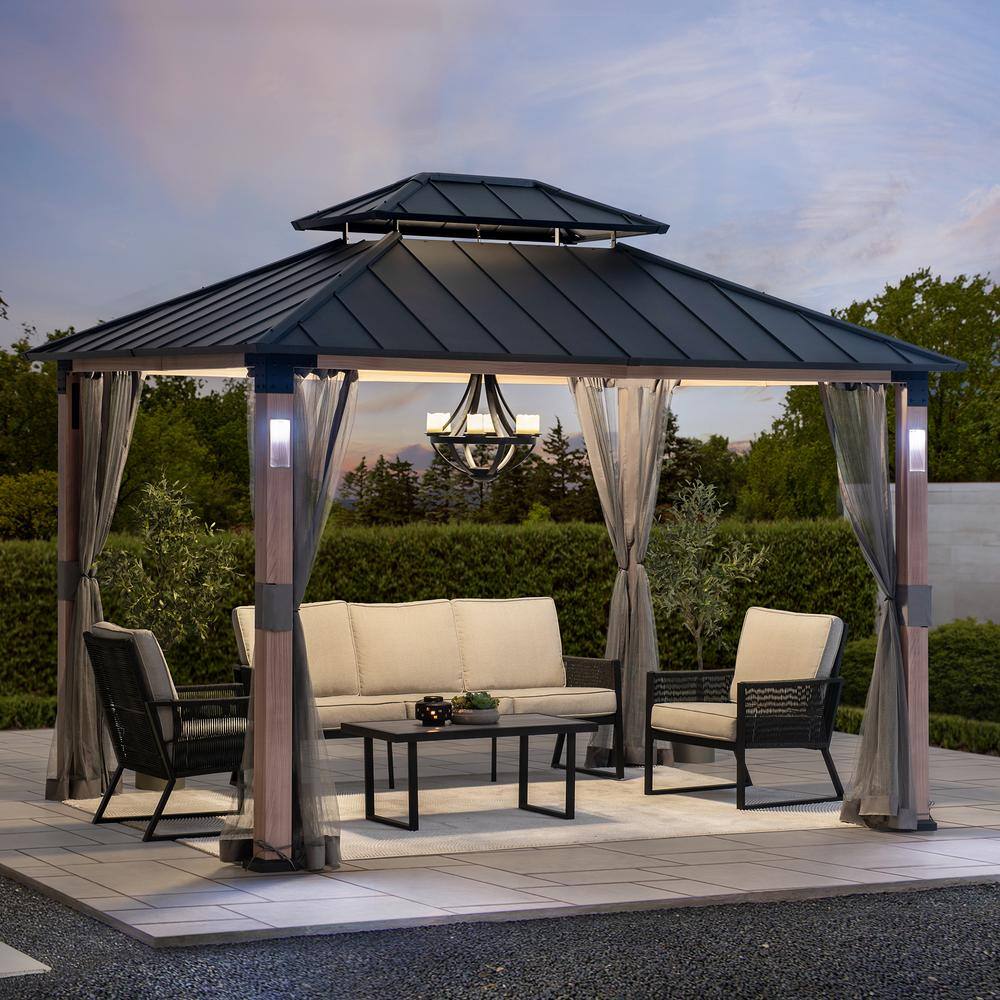Black Steel 10x12 Hardtop Gazebo with Netting and LED Lights