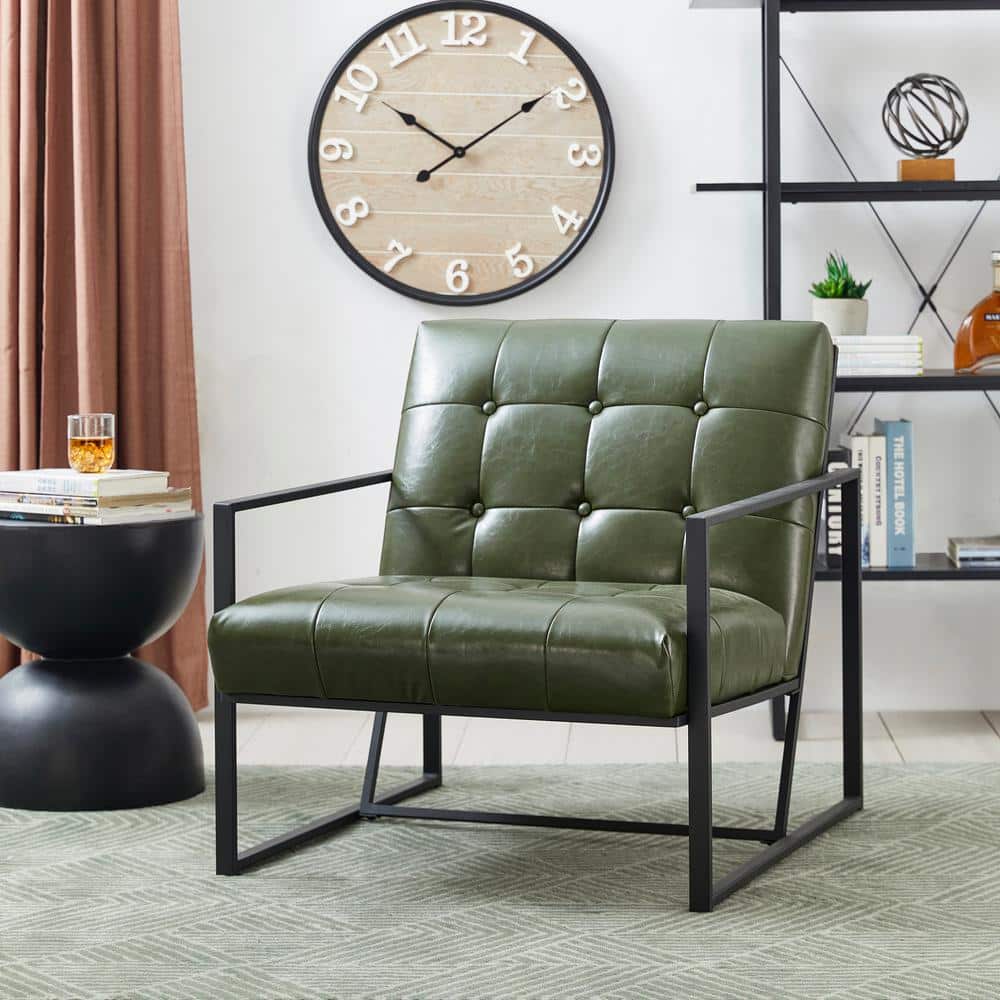 Hunter Green Faux Leather Button-Tufted Accent Chair with Metal Frame