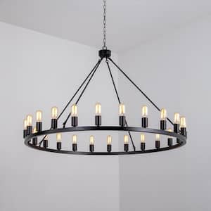 Bismarck 24-Light Black Candle Style Wagon Wheel Chandelier (No Assembly Required for Chandelier Body)