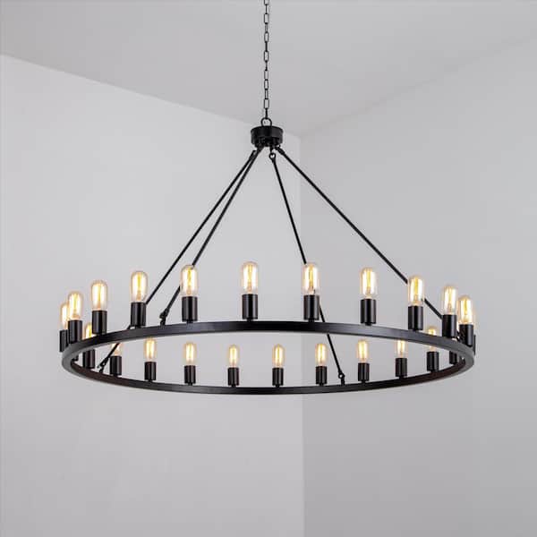 24-Light 47 in. Black Farmhouse Wagon Wheel Dimmable Chandeliers Dining Kitchen Ceiling Lights Foyer Bedroom Lighting