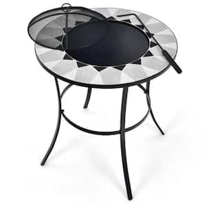 23.5 in. Black Round Outdoor Fire Pit Table with Mesh Cover and Fire Poker