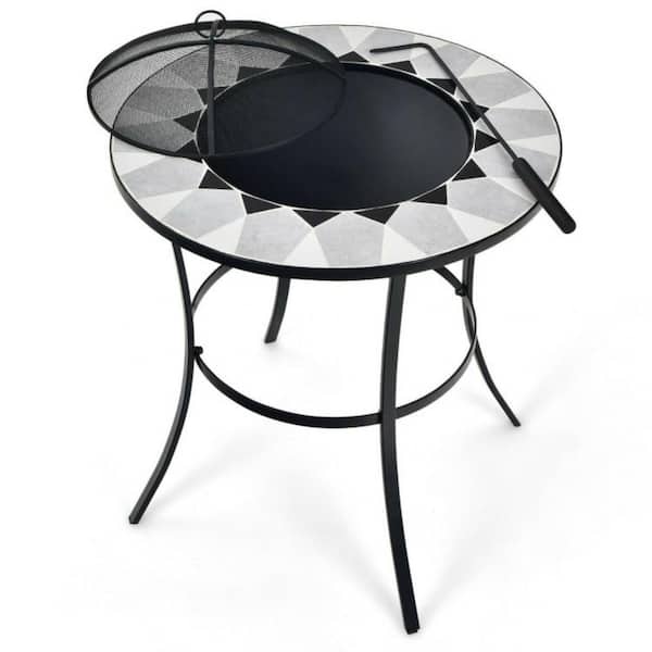 Clihome 23.5 in. Black Round Outdoor Fire Pit Table with Mesh Cover and Fire Poker