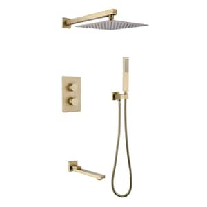 Double Handle 1-Spray Thermostatic Tub and Shower Faucet 1.8 GPM Wall Mount Shower System in Brushed Gold Valve Included