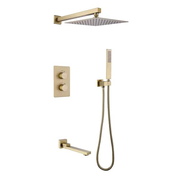 FLG Double Handle 1-Spray Thermostatic Tub and Shower Faucet 1.8 GPM Wall Mount Shower System in Brushed Gold Valve Included