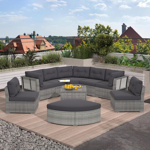 Nestfair Patio Wicker Outdoor Sectional Furniture Set with Center Table and Gray Cushions
