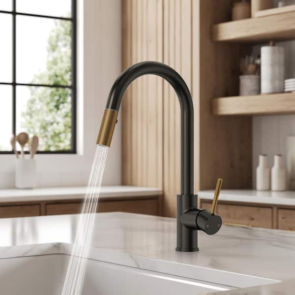 Single-Handle Pull-Down Sprayer Kitchen Faucet with Spout Swivel 15.7 in. H 360° Spout Swivel in Matte Black and Gold