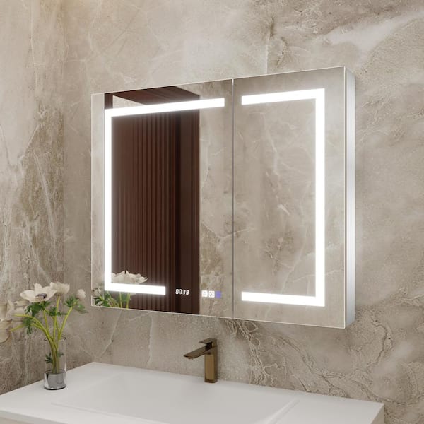 GroGro 36 in. W x 30 in. H Rectangular Silver Aluminum Recessed/Surface Mount Medicine Cabinet with Mirror LED and Clock