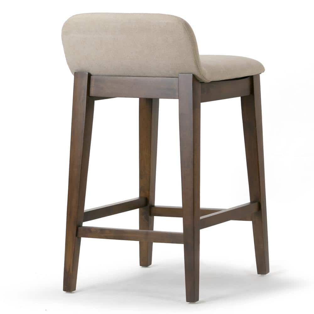 Set of 2 Dark Brown Wood Counter Stools with Beige Fabric Seats