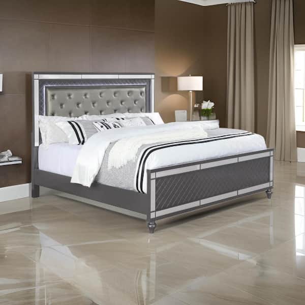 Benjara Reff Gray and Silver Wood Frame Queen Size Platform Bed