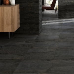 Dominion Charcoal Black 3.14 in. x 23.62 in. Matte Limestone Look Porcelain Bullnose Wall Tile Trim