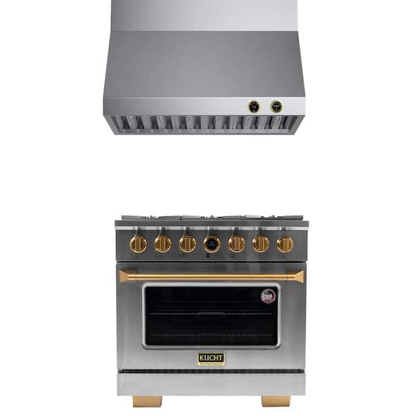 Kucht 36 in. 5.2 cu. ft. 6 Burners Dual Fuel Range for Natural Gas in Stainless Steel and Gold + Wall Mount Range Hood