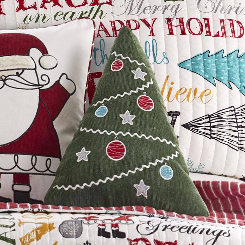Green Corduroy Christmas Tree Embroidered Decorative Pillow