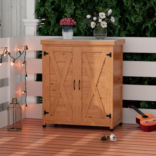 Outdoor 31 in. W x 17 in. D x 36 in. H Brown Wood Outdoor Storage Cabinet with Storage Cabinet and Metal Table Top