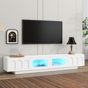 White Morden TV Stand Fits TVs up to 95 in. with Arched Designs, Fluted Tempered Glass Doors and Smart Light Strip