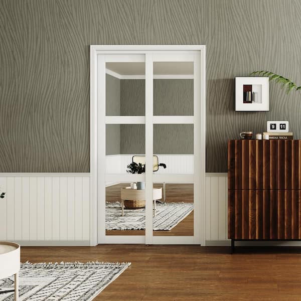 TENONER 48 in x 80 in, MDF Solid Core, Mirrored Glass, 3 Lite, PVC Covering, White Sliding Door with All Hardware