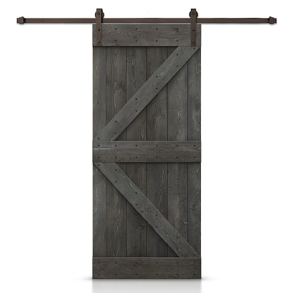 CALHOME K Series 32 in. x 84 in. Carbon Gray Stained DIY Knotty Pine Wood Interior Sliding Barn Door with Hardware Kit