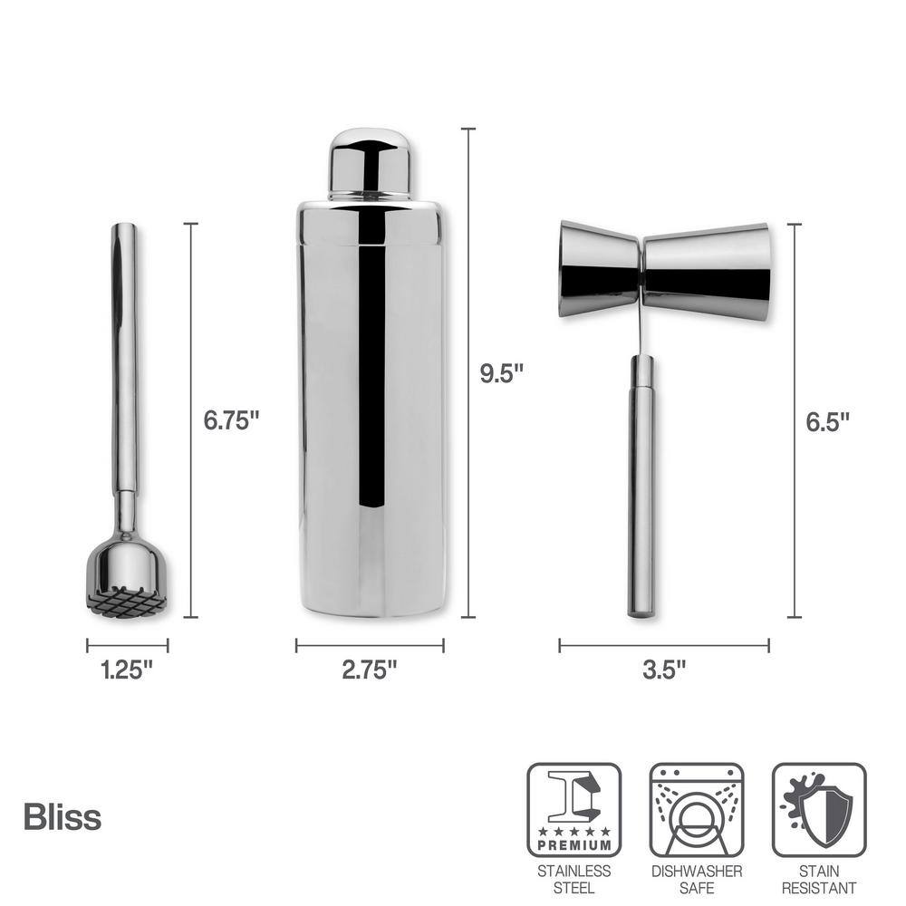 Bliss 8-Piece Stainless Steel Bar Tool Set with Acacia Wood Stand
