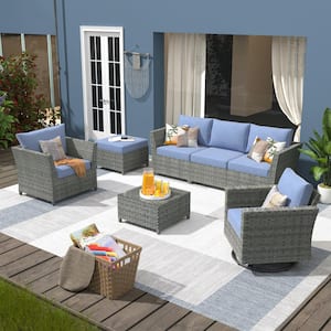 Fontainebleau Gray 7-Piece Wicker Patio Conversation Sectional Sofa Set with Denim Blue Cushion and Swivel Rocking Chair