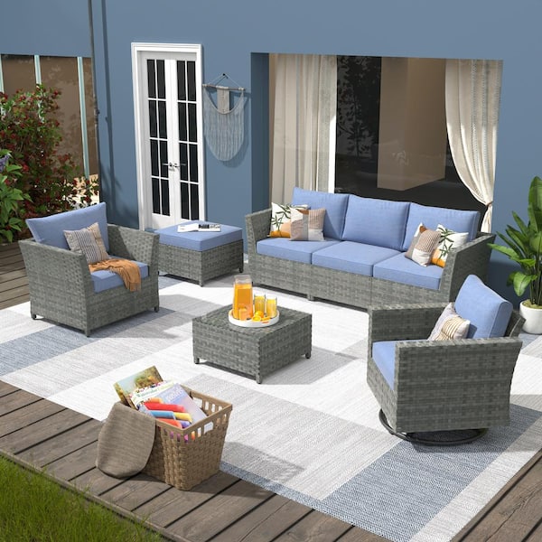 XIZZI Fontainebleau Gray 7-Piece Wicker Patio Conversation Sectional Sofa Set with Denim Blue Cushion and Swivel Rocking Chair