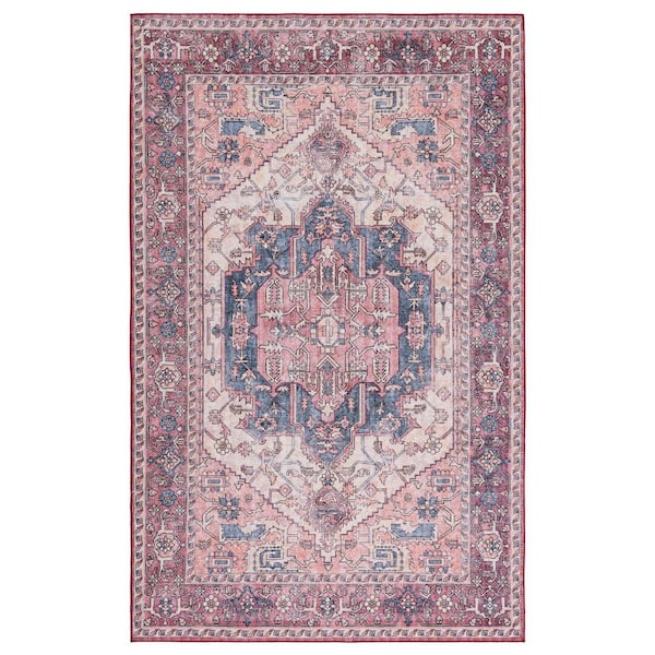 SAFAVIEH Tuscon Beige/Pink Doormat 3 ft. x 5 ft. Machine Washable Border Medallion Floral Area Rug