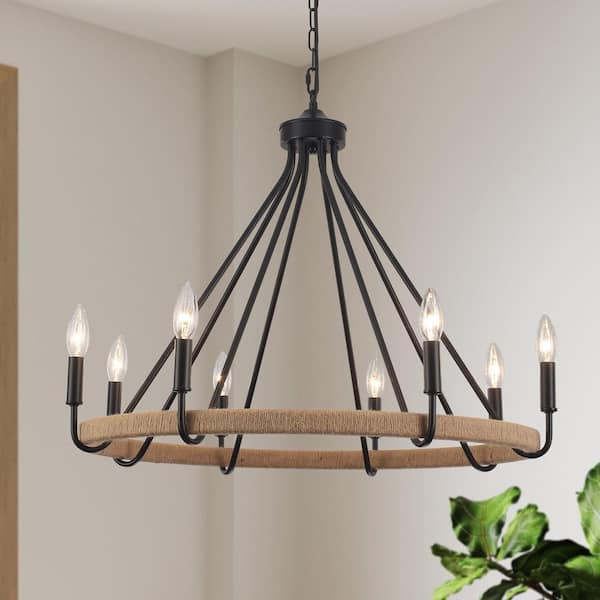 8-Light Black Candlestick Wagon Wheel Chandelier Hemp Rope Linear Chandelier Lighting for Kitchen Island