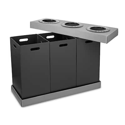 28 Gal. Black Corrugated Plastic 3-Compartment Indoor Trash Can and Recycling Bin