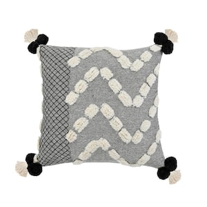 Zeal Black/Gray/Cream Geometric Trellis Tassels Pom-Pom Tufted Poly-fill 20 in. x 20 in. Indoor Throw Pillow