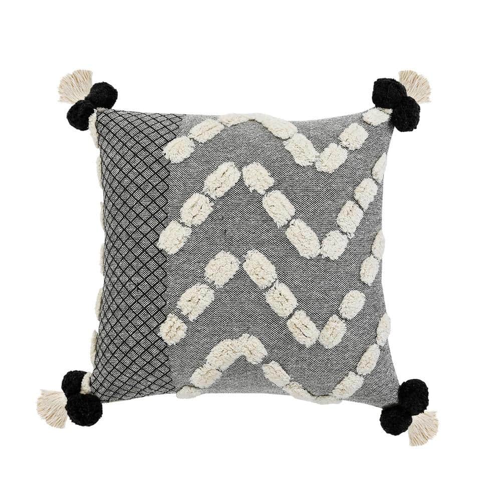 Zeal Black/Gray/Cream Geometric Trellis Tassels Pom-Pom Tufted Poly-fill 20