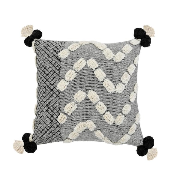 Unbranded Zeal Black/Gray/Cream Geometric Trellis Tassels Pom-Pom Tufted Poly-fill 20 in. x 20 in. Indoor Throw Pillow