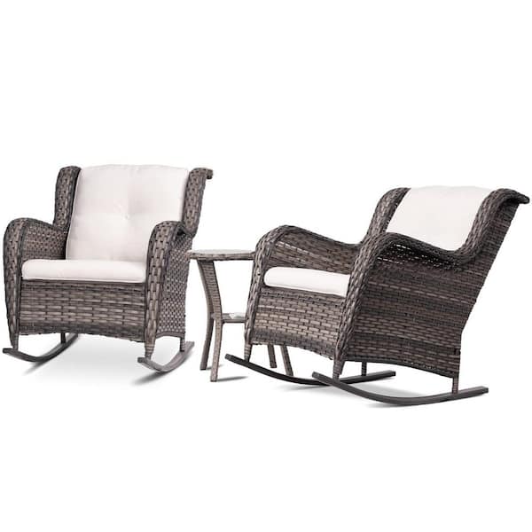 Cesicia 3-Piece Wicker Outdoor Rocking Chair Patio Conversation Set with Beige Cushions and Side Table