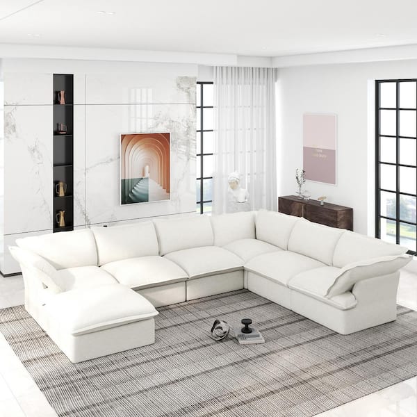 163 in. Flared Arm 7-Piece Linen Overstuffed Cloud Couch Pine Wood L-Shaped Sectional Sofa in White with Storage Ottoman