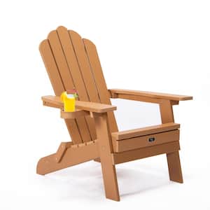 Folding Plastic Adirondack Chair with Pullout Ottoman and Cup Holder for Deck Garden in Brown (Set of 2)