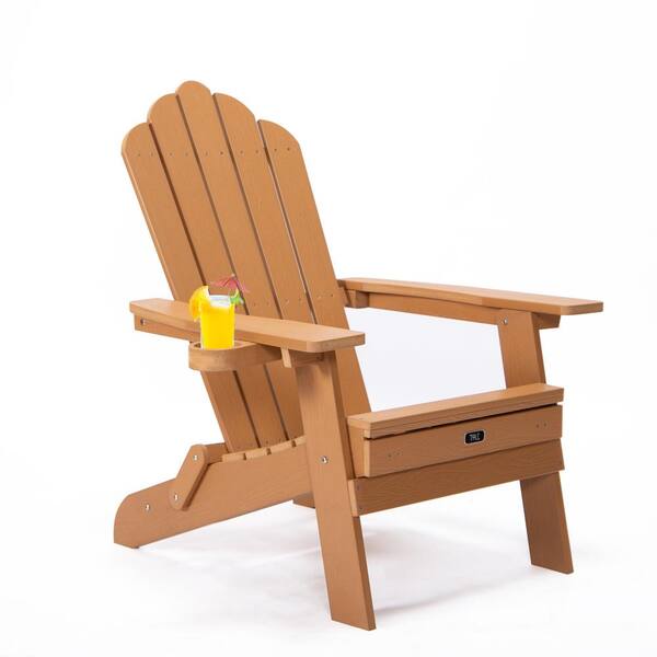 Unbranded Folding Plastic Adirondack Chair with Pullout Ottoman and Cup Holder for Deck Garden in Brown (Set of 2)